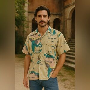 Vintage Peninsula S.F. Map Print Button-Up Camp Shirt Men's Small Travel Atlas